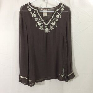 A.M.I. Top Shirt Pullover Sheer Embroidered Two Part Shirt V-Neck Brown M